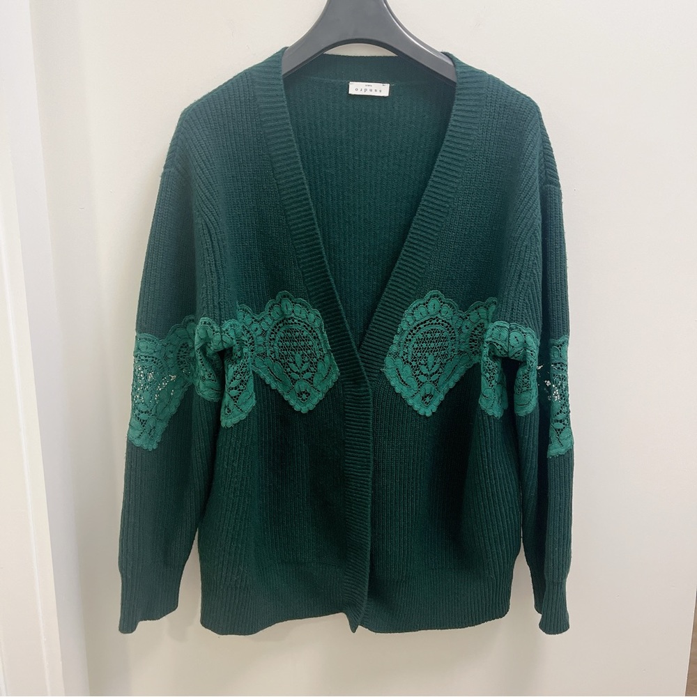 Sandro green knit wool oversized cardigan with inset lace size FR 2